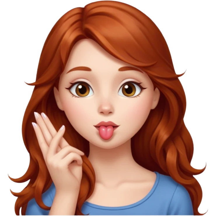 A cute woman, long auburn hair, she's blowing a kiss. emoji