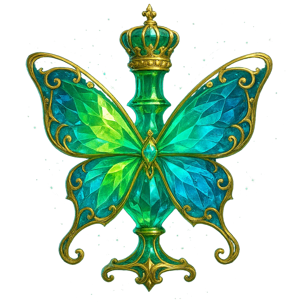 luxurious crystal butterfly-shaped bottle with short neck and crown, green (#c0ff53) and blue colors, glowing, ornaments, magical effects, golden details, transparent background, beautiful connected base, floating in air, no base or shadow, very similar to original emoji