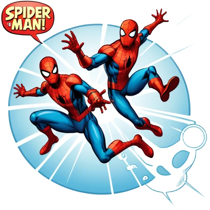 Icon for Vintage Comics and Manga: an open comic book with retro Marvel-style artwork, featuring iconic superheroes like Spider-Man and Iron Man, with speech bubbles and action lines. The icon should capture the dynamic and colorful nature of classic comics and manga. Transparent background. emoji
