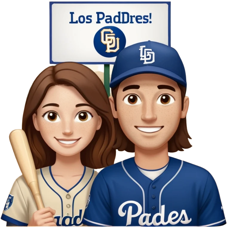 *White* couple smiling. Woman has big cheeks and a lot of freckles on the nose. long brown hair. Man has black and very short hair and prominent eyebrows with egipcian nose. Both are wearing “Los Padres” baseball jerseys and with a sign that says “Go Padres!” emoji