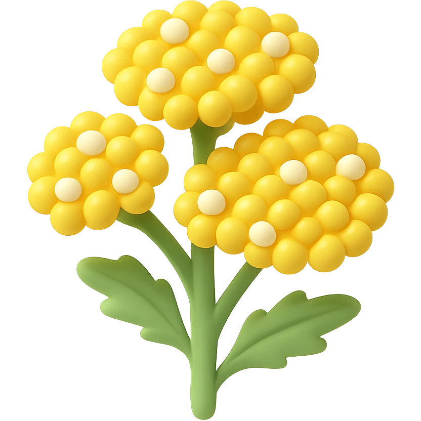 3D iOS style illustration of a yellow yarrow flower with many small, distinct, visible flowers in clusters, realistic and vibrant, with green stem and leaves, on a transparent background. emoji