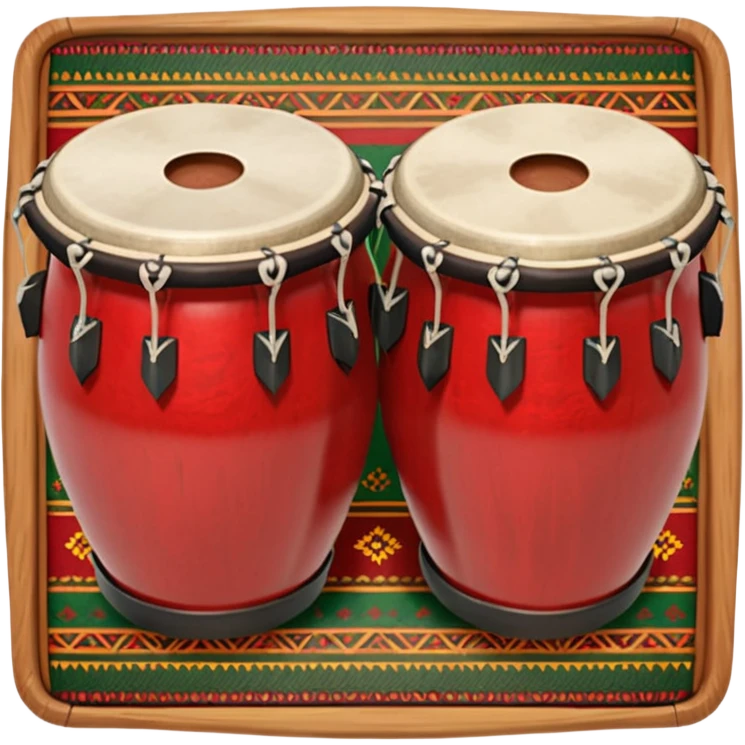 A traditional Pashto tabla (dobrai) placed on a woven mat, with cultural Pashtun patterns in the background. The tabla is wooden with leather drumheads, and vibrant traditional colors like red, green, and gold. Ethnic, folk music theme. emoji