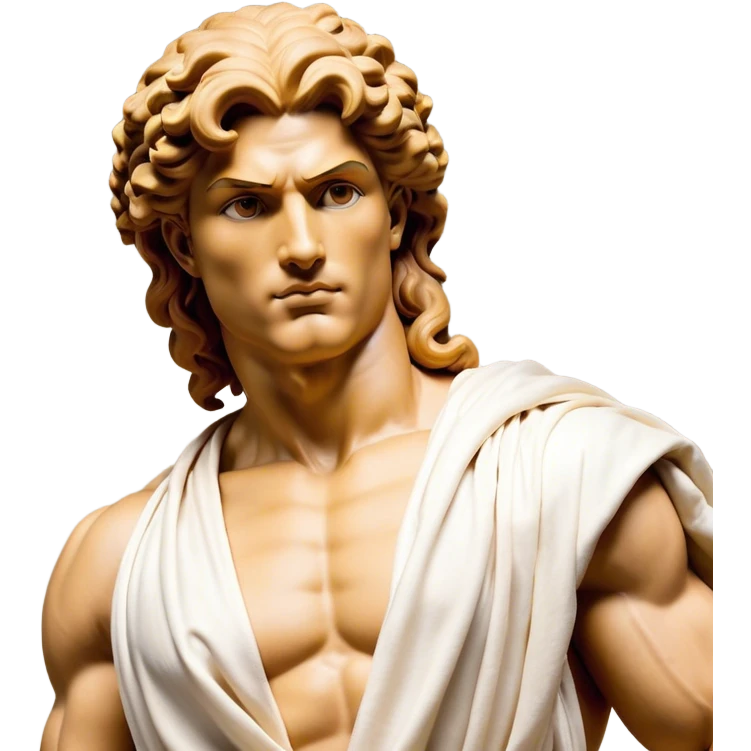 Cinematic Realistic Hercules Portrait, head tilted playfully and inquisitively, showcasing a blend of legendary power and youthful charm with the refined features of Michelangelo's David. His light tan, sculpted skin and thick, curly, golden brown hair—styled with wild majesty—evoke the spirit of the lion-wrestling Hercules. Clad in a softly draped white robe with subtle golden details and adorned with a Greek laurel wreath, his expressive eyes and warm smile capture an approachable yet formidable hero, bathed in gentle natural lighting. emoji