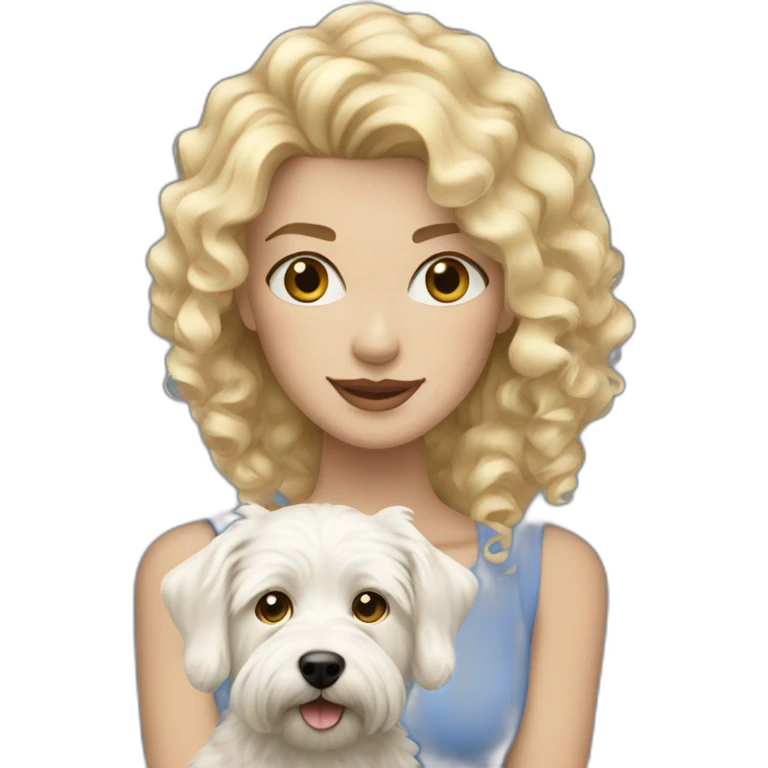 Blond woman with curly hair, blue eyed and her westie dog  emoji