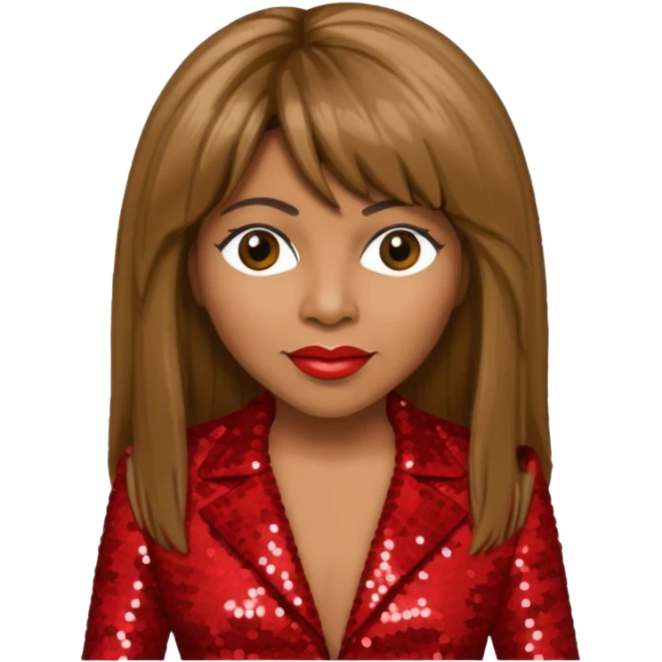 Tina Turner with long brown straight hair, red sequin outfit emoji