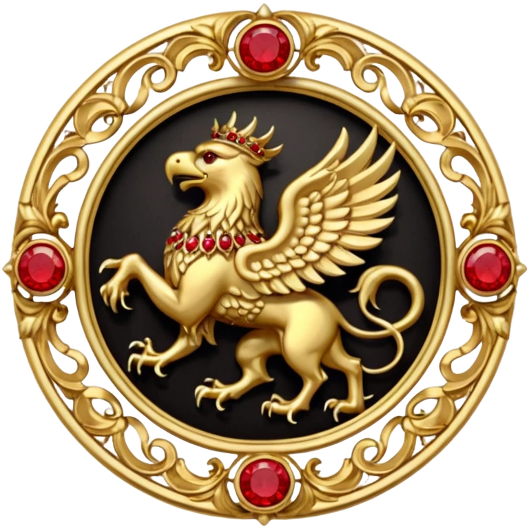 Golden griffin crest / brosch in a circle with red gems and no background emoji