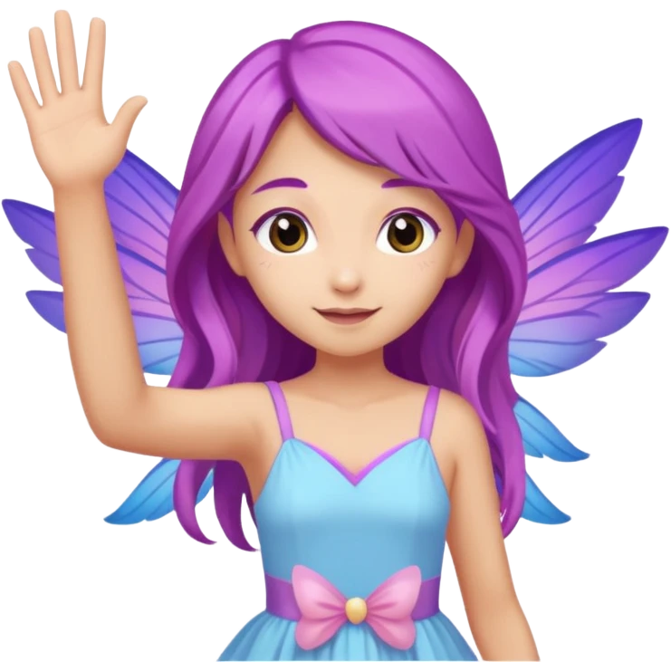 Tan fairy with long purple hair,  pastel pink blue and purple wings, wearing a, pastel pink dress, Waving with one hand emoji