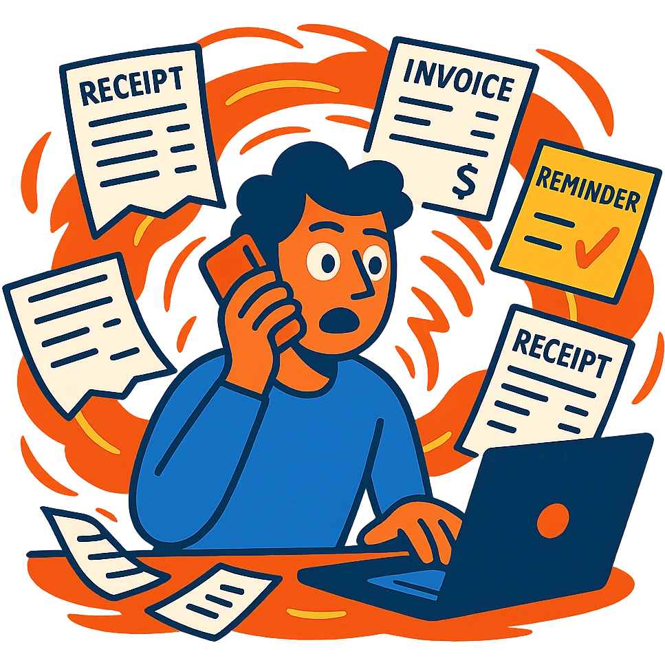 person holding a phone in one hand, laptop open in front, storm of receipts, invoices, and reminders swirling around, multitasking chaos emoji