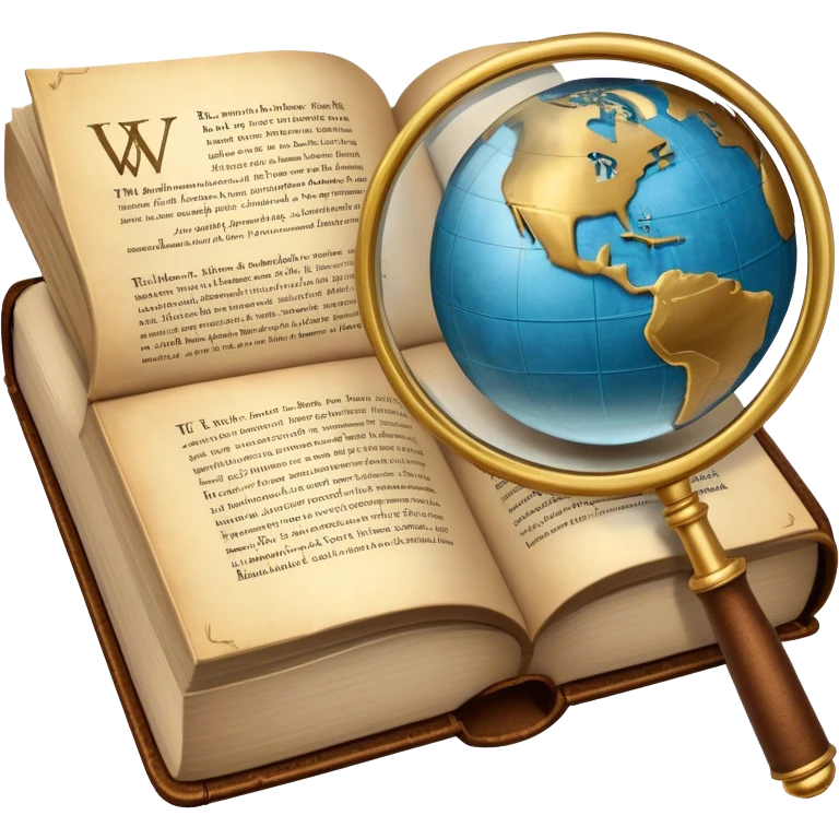 Icon for Non-Fiction & Narrative Reading: an open book with historical facts and narrative text on the pages, surrounded by a globe, a magnifying glass, and a quill. The icon should evoke the blend of fact and storytelling in non-fiction literature. Transparent background. emoji