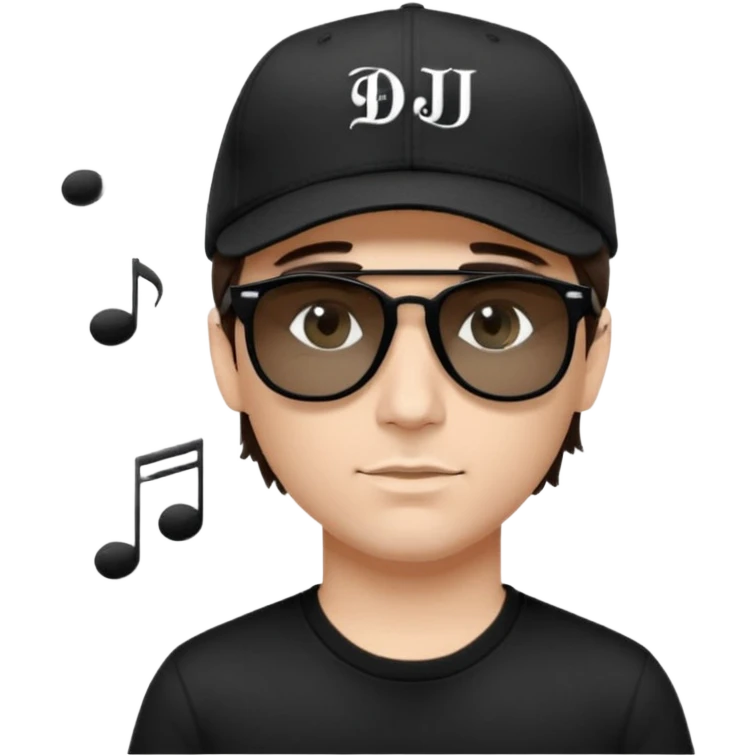 Emoji of a white man with short dark brown hair under a black baseball cap, wearing a black t‑shirt and 1980s‑style black Ray‑Ban rectangle sunglasses black lenses, with black musical notes floating around his head,  word "DJ DLG" written on the hat emoji