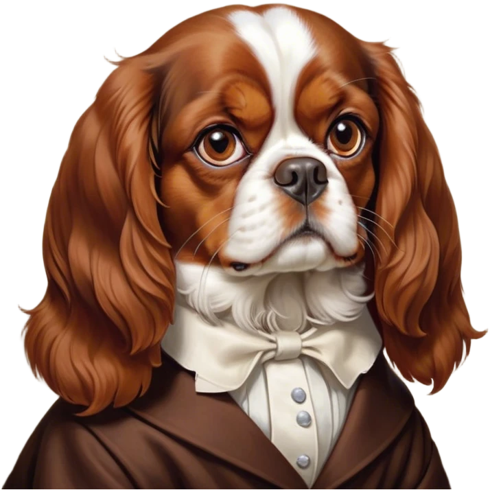 Cinematic Meme-Worthy Grumpy Blenheim Cavalier King Charles Spaniel Portrait Emoji, Head held high but eyes filled with dramatic disappointment, smooth Blenheim coat with striking chestnut and white patches, deeply furrowed brow forming an unmistakable scowl, floppy ears slightly angled back in disapproval, piercing brown eyes glaring with pure exasperation, Simplified yet hilariously over-exaggerated features, highly detailed, glowing with an aura of supreme annoyance, high shine, exhausted yet judgmental, stylized with an almost regal pettiness, bright but brooding, soft glowing outline, capturing the essence of a companion that has seen it all and is thoroughly unimpressed, so meme-worthy it feels like it could instantly become the next viral sensation of grumpiness! emoji