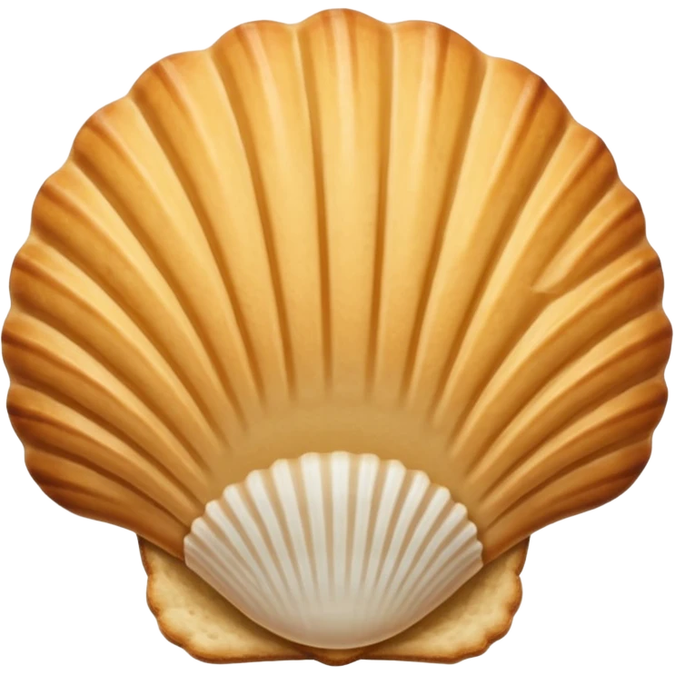A madeleine pastry. Oval seashell shape with ONLY four to five vertical lines going in the same direction. Light golden brown. Scalloped edge. Cookie. Flat. Long. Oval shape. Lets scallops. Only four or five scalloped lines emoji