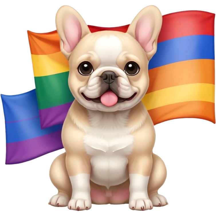 Cream French Bulldog infront of a pride flag emoji