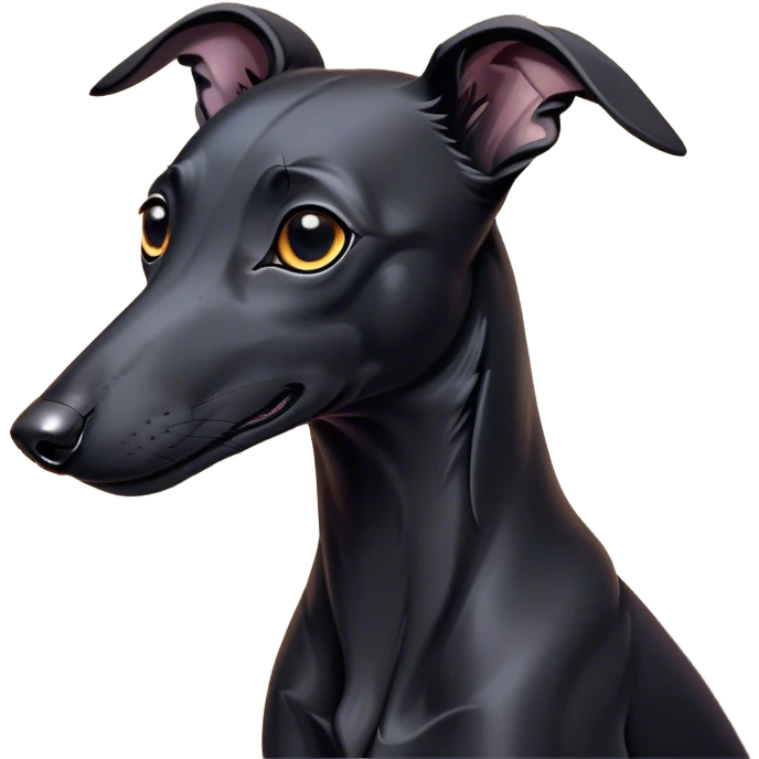 Cinematic Cute Black Greyhound Portrait Emoji, Head tilted playfully and inquisitively, featuring a smooth, shiny jet-black Fur and round, sparkling dark eyes filled with curiosity, Simplified yet irresistibly adorable features, highly detailed, glowing with a warm, friendly glow, high shine, affectionate and agile, stylized with a touch of whimsy, bright and endearing, soft glowing outline, capturing the essence of a mischievous yet loving racer, so playful it feels like it could dash out of the screen and into your arms! emoji