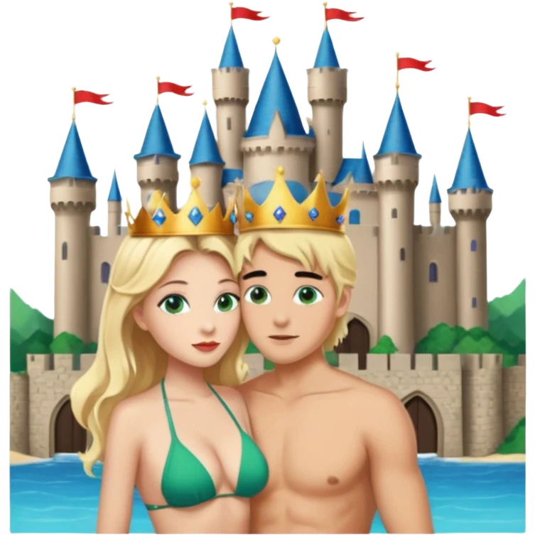 Blonde Queen with crownGreen eyes in Bikini kissing Male subject without crown black hair blue eyes Background Castle  emoji
