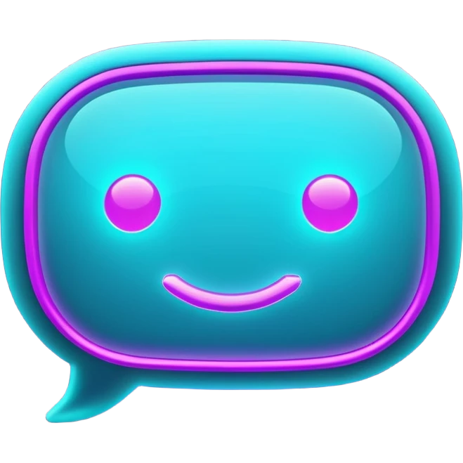 futuristic minimalistic glowing chat bubble icon, purple and cyan neon lines, dark background, digital communication style, 1:1 aspect ratio, no face emoji