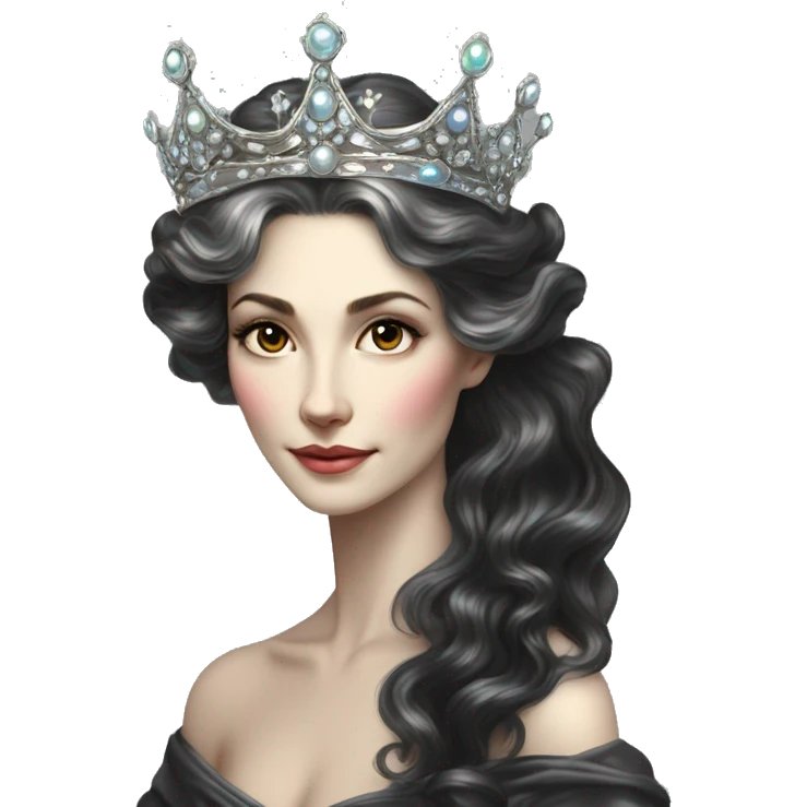 Regal pretty slender middle age woman photograph defined cheekbones high cheekbones crown vintage with very long iridescent black and silver hair wavy long hair pearl crown iridescent emoji