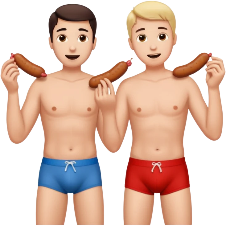 Two guys standing next to each other grabbing a sausage in the other’s underwear emoji