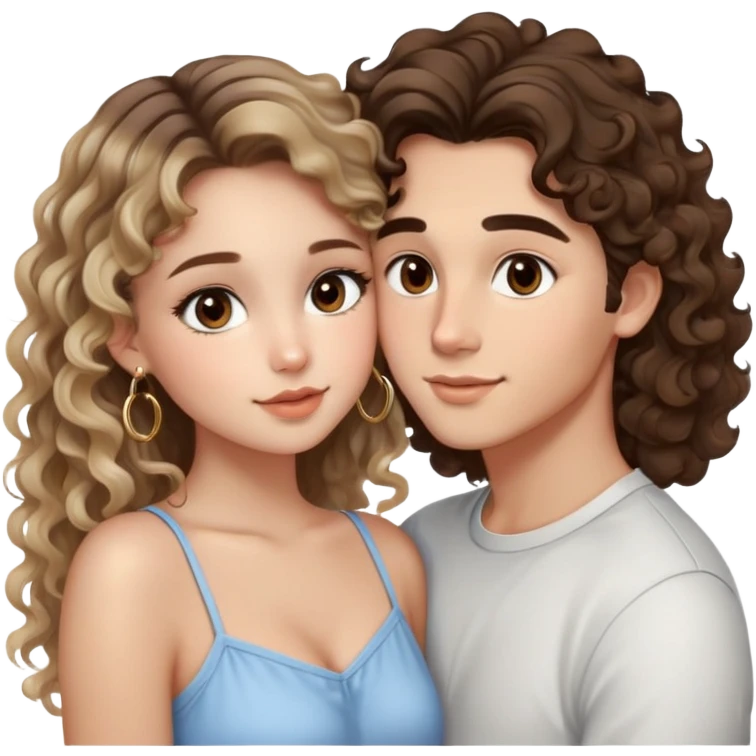 cute girl long brunette balayage curly/wavy not voluminous hair, brown eyes, hoop earrings, natural pretty clean makeup: kissing on the cheek a cute boy blondish straight hair and brown eyes emoji