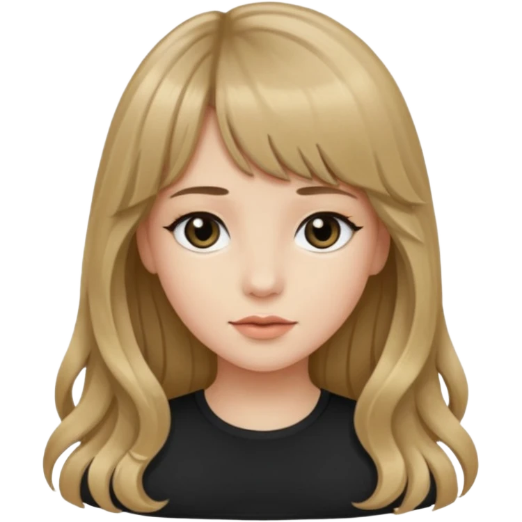 Uma garota de cabelo ondulado loiro escuro,mas com franja lisa e olhos pretos, e a cor de pele branca,e o cabelo LONGO  emoji