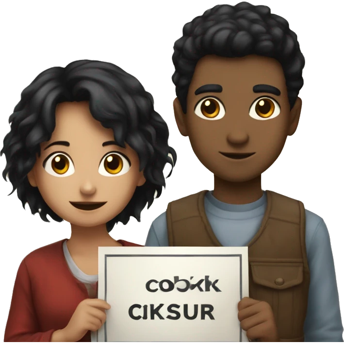 a girl with black hair  and a boy with black hair holding a banner saying cioksukur emoji