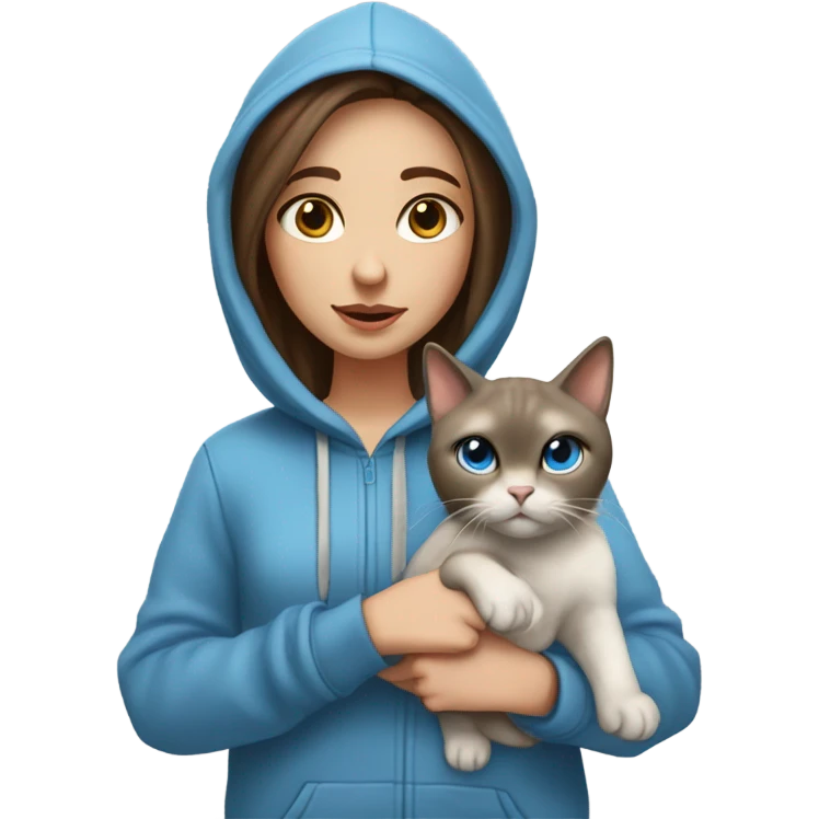 girl with brown hair, hazel eyes, and freckles, wearing a hoodie, holding a Siamese cat that is white and gray and the cat has blue eyes  emoji