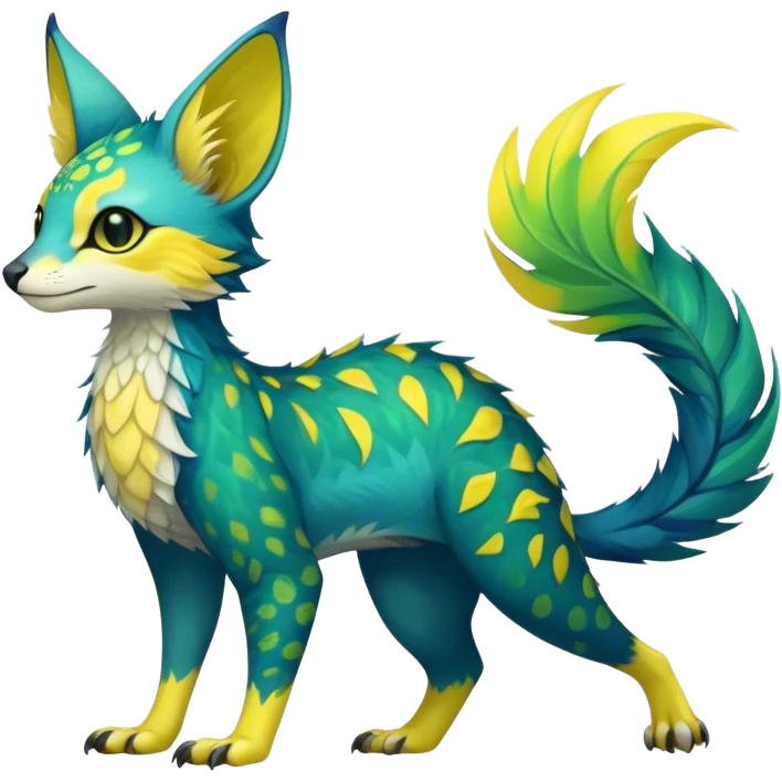 Feral Rare Fantasy vibrant tropical Vernid-Trico-species by LiLaiRa, random markings, tufted tail, tufted ears, full body emoji