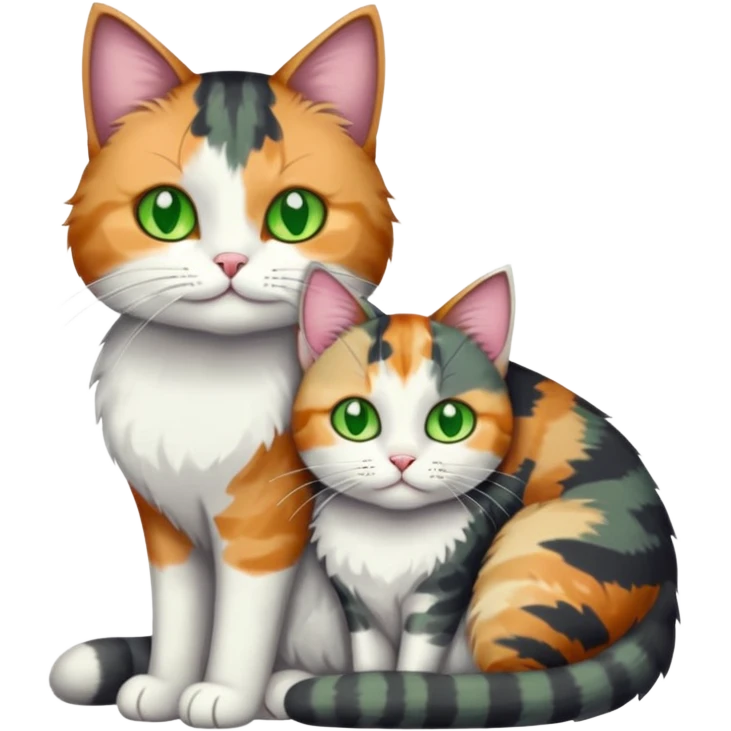 full body colourful light patched calico + white tabby cat cuddling a big dark grey and white tabby cat  emoji