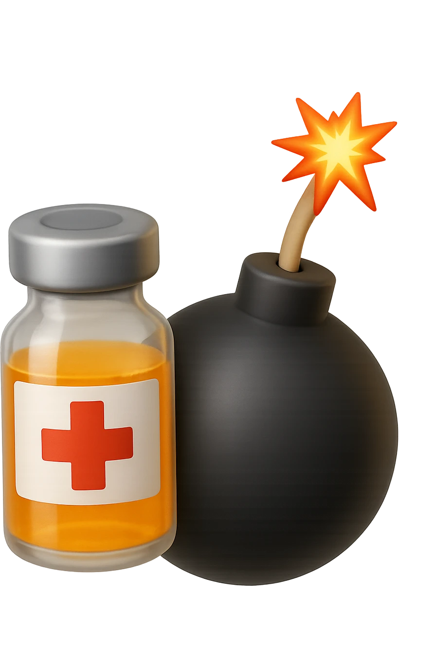 emoji stile iphone 3d di una fiala medica con una bomba vicino, fluttuano in aria insieme, FALLO MOLTO REALISTICO IN 3D emoji
