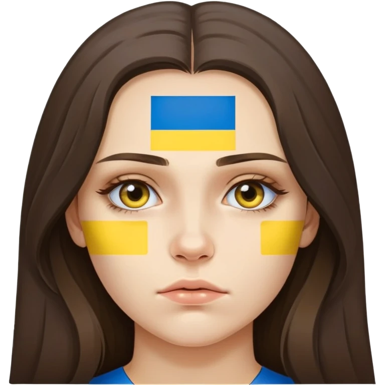 Brunette woman with long hair, Ukrainian flag (blue and yellow) painted on her cheek, sad expression emoji