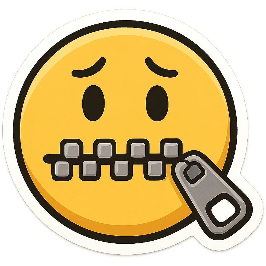 Crea una versione in stile cartoon sticker, ispirata a questa immagine: emoji gialla con occhi semplici e bocca chiusa da una cerniera. emoji