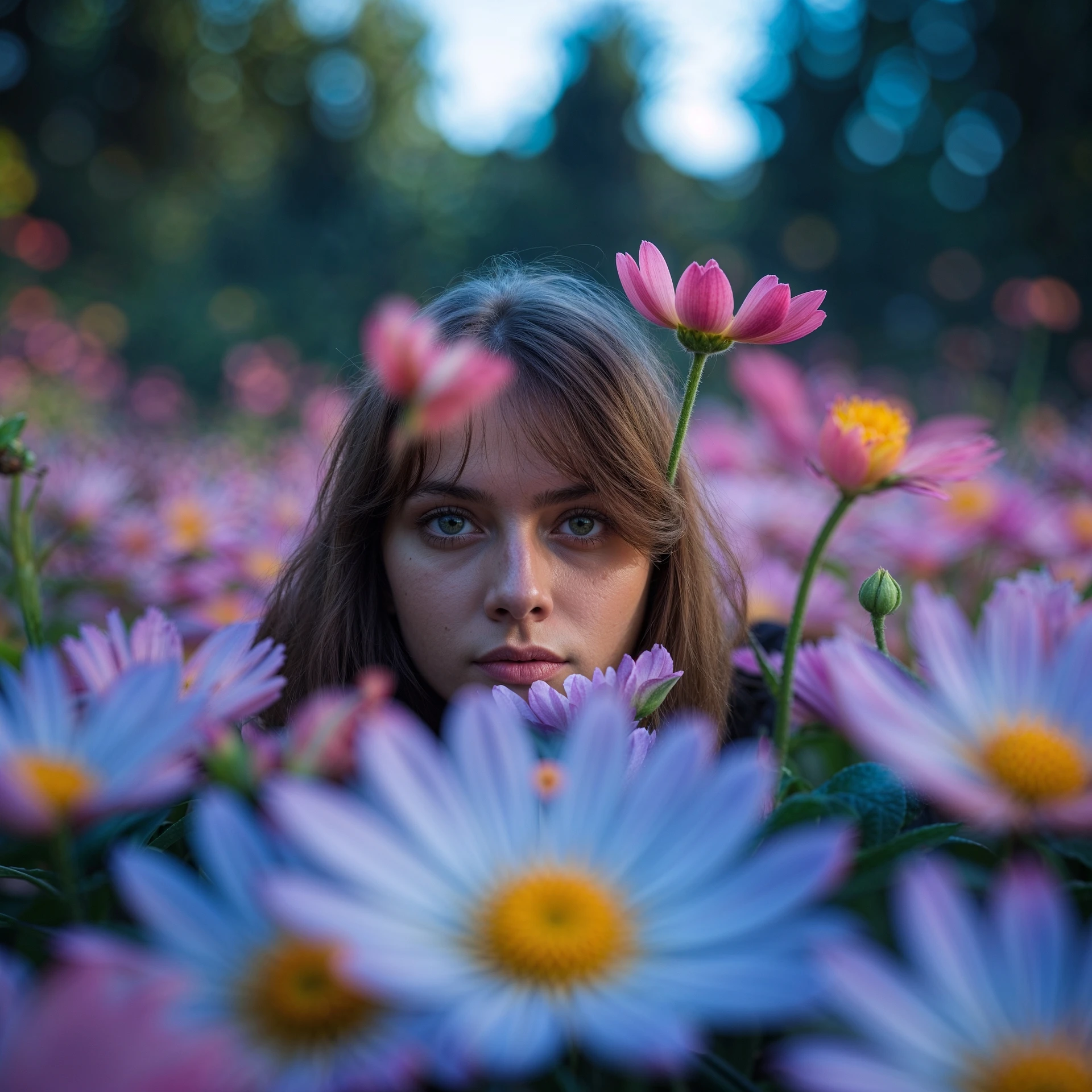 Person peaking from back of the flower with cinematic blur emoji