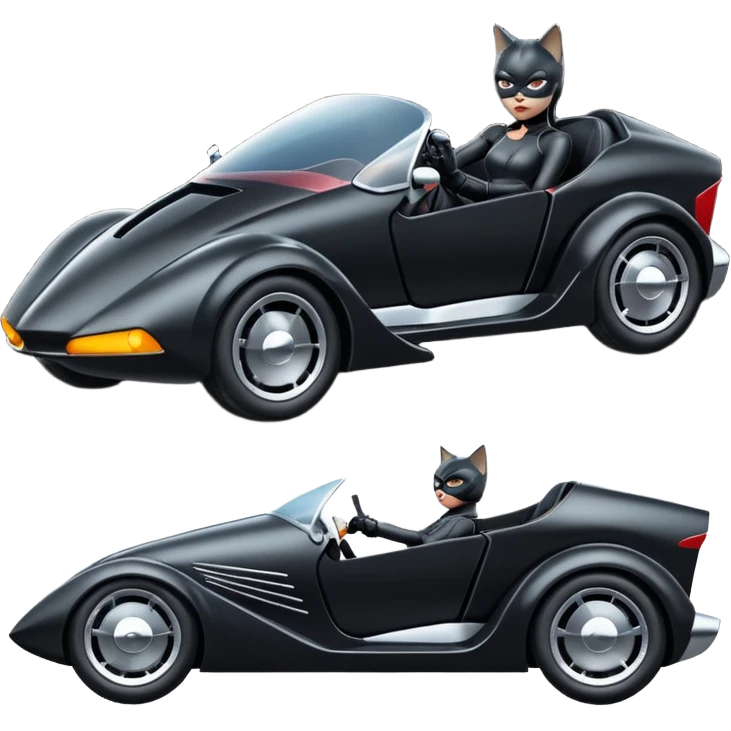 Hot rod comical Cat Woman’s stealth burglar sporty futuristic pursuit mobile two seater car (reclined seating position) emoji