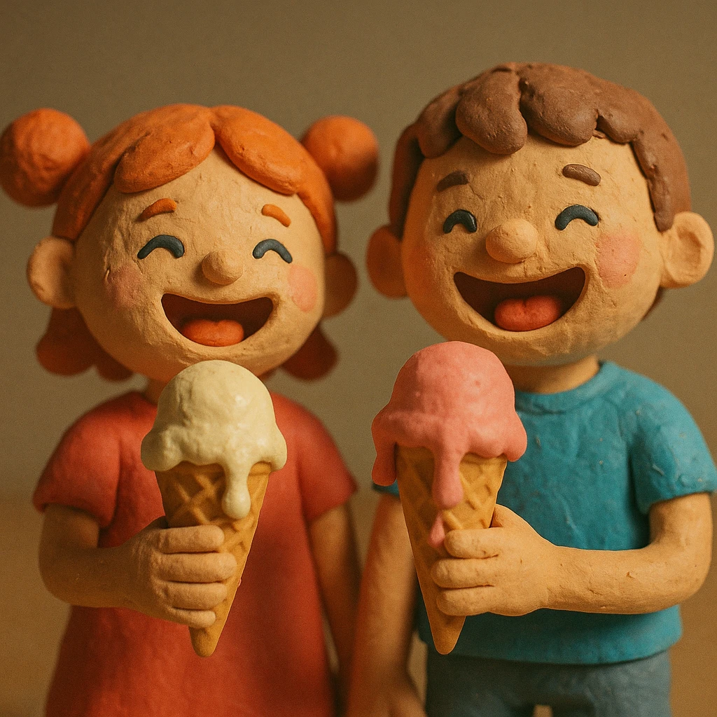 happy children with melting ice cream cones emoji
