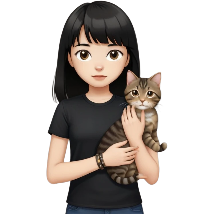 A girl with black long hair and bangs, wearing a black short-sleeved shirt, a brown bracelet on her right wrist, white skin, holding a tabby cat, the cat is standing upright emoji