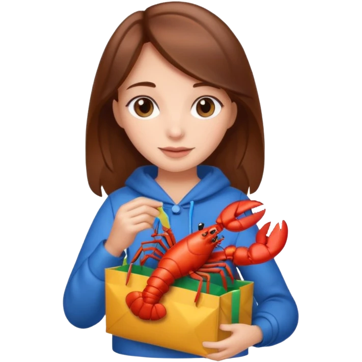 Cute girl brown hair holding gift bag with lobster inside emoji