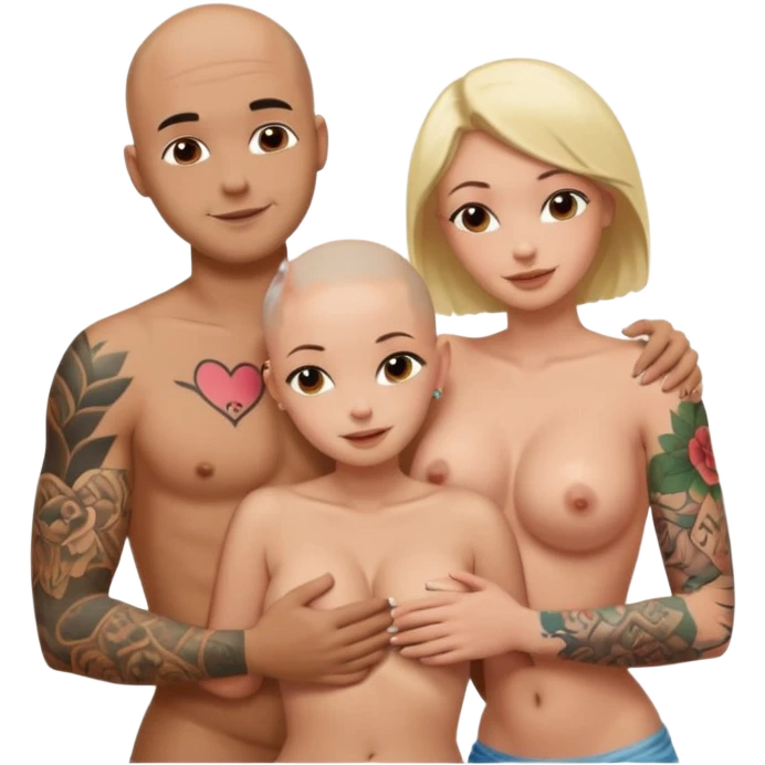 throuple tattooed sleeves bbald male with topless naked big boobed brunette and topless naked big boobed blonde girlfriends  loving  and sexy polygamy naughty  emoji