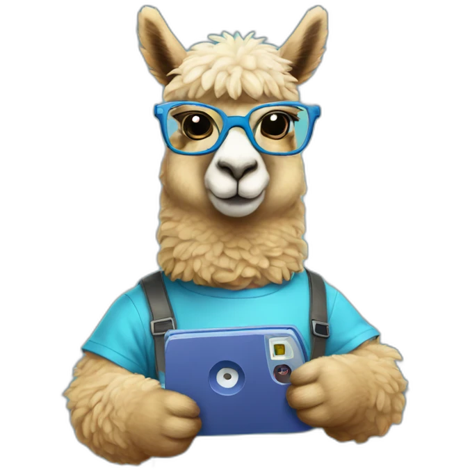blue alpaca with glasses holding a gameboy emoji