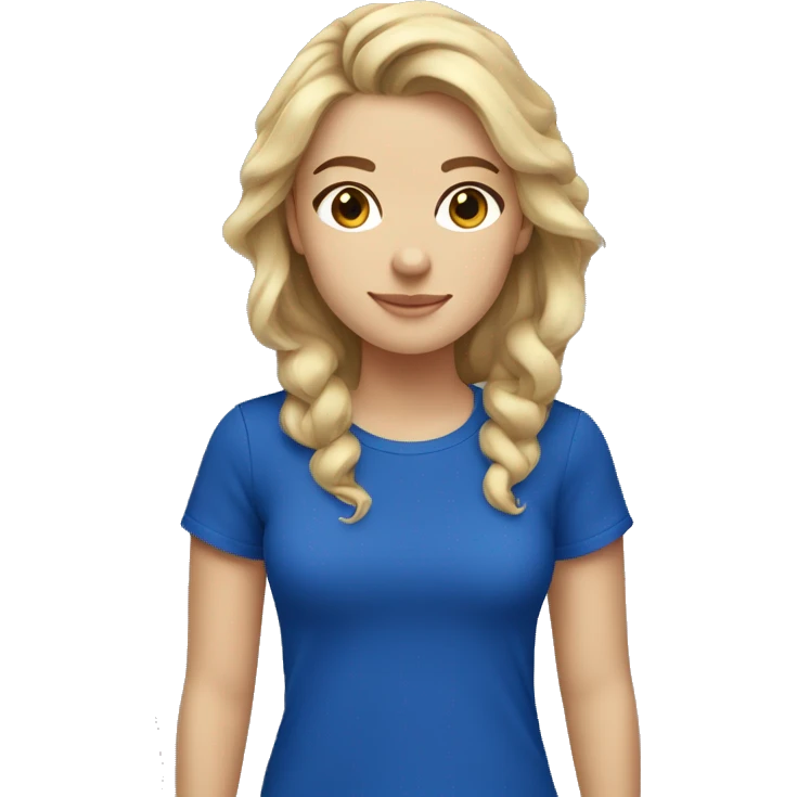 Blonde girl with brunette roots, light brown eyes, fair skin, wearing a royal blue tshirt emoji