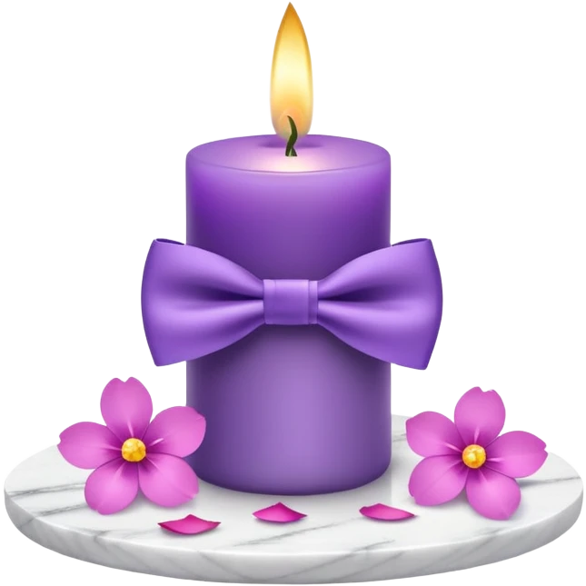 Purple candle on a white marble-candle-holder-stand, with flowers next to, and flower petals, and bow tie emoji