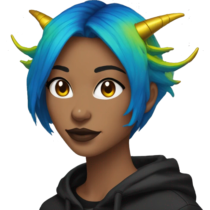 Lady with brunette and iridescent blue hair, gold, lime green dragon wings, black hoodie, bleach dyed, black and gold Nike t shirt, and bright red eyes emoji