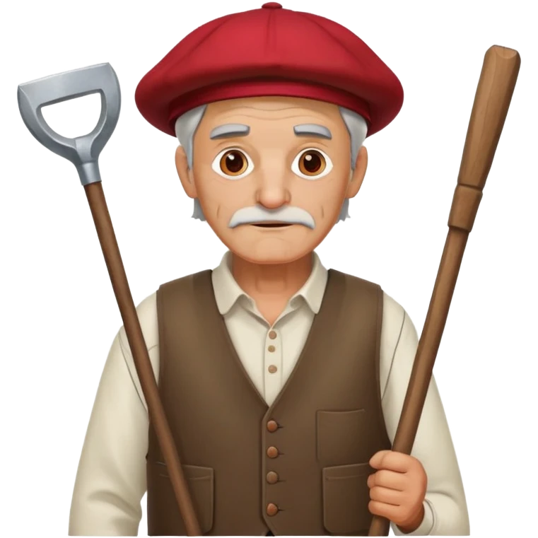 Catalan old peasant man with a catalan red cap, a white shirt, a brown waistcoat and carrying a hoe on the right shoulder emoji