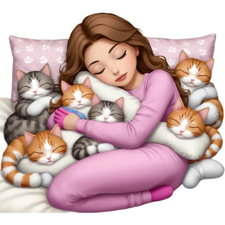 girl with long wavy brown hair, brown eyes, long lashes makeup, sexy pink lips, light to medium complexion,  sleeping on a cozy pillow, with 6 cats: 1 brown and white tabby cat, 1 ginger and white, 2 grey and white, 1 grey with white mittens and small white patch on chest and 1 calico, sleeping emoji