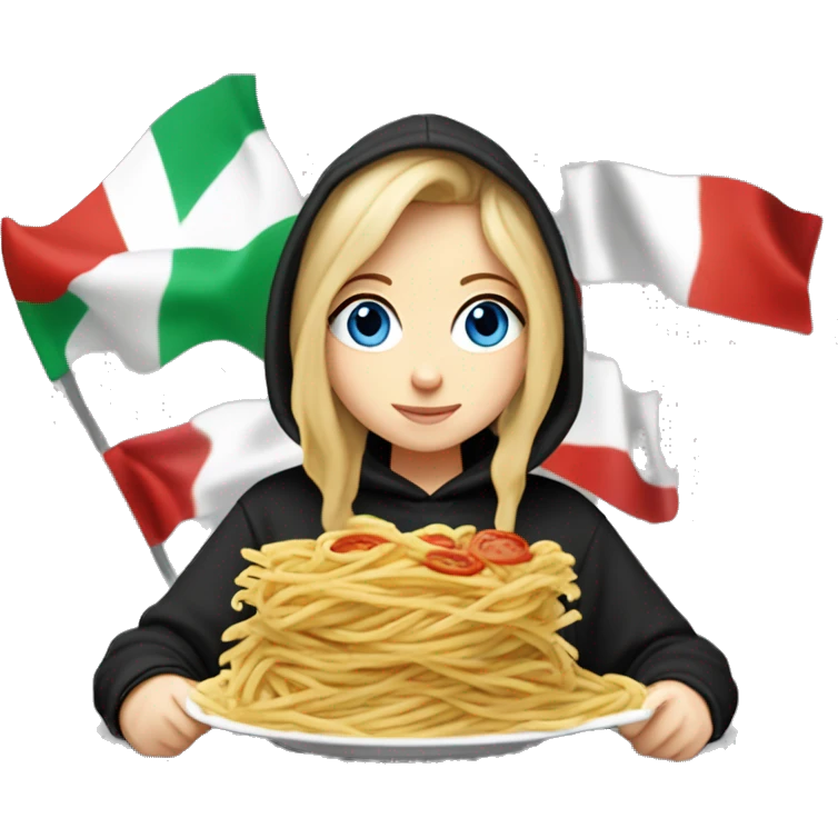 pale girl with blue eyes and pretty eyelashes and dirty blonde hair and freckles holding an italian flag while eating pasta and with a black hoodie on that says “morgan” on it emoji