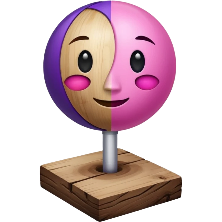 A half pink half purple ball with a face wooden stem followed by a glass stem on top of the wood stem tilted 90 degrees emoji