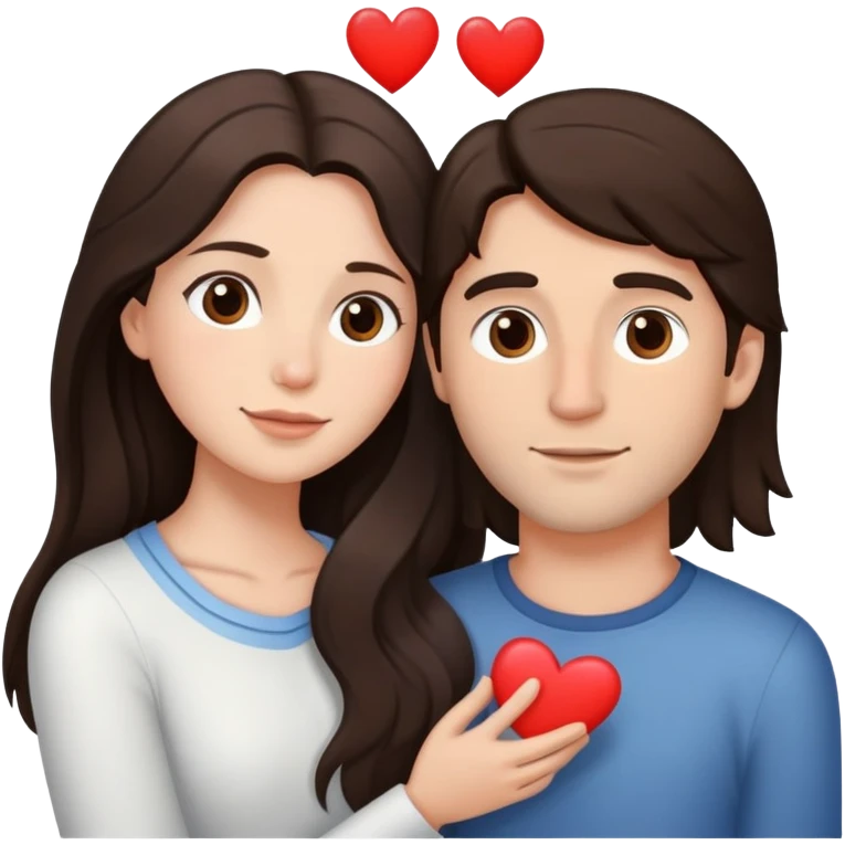 A couple embracing, man with light mestizo skin and straight dark brown hair, woman with fair skin and long slightly wavy dark brown hair, with white hearts around them emoji