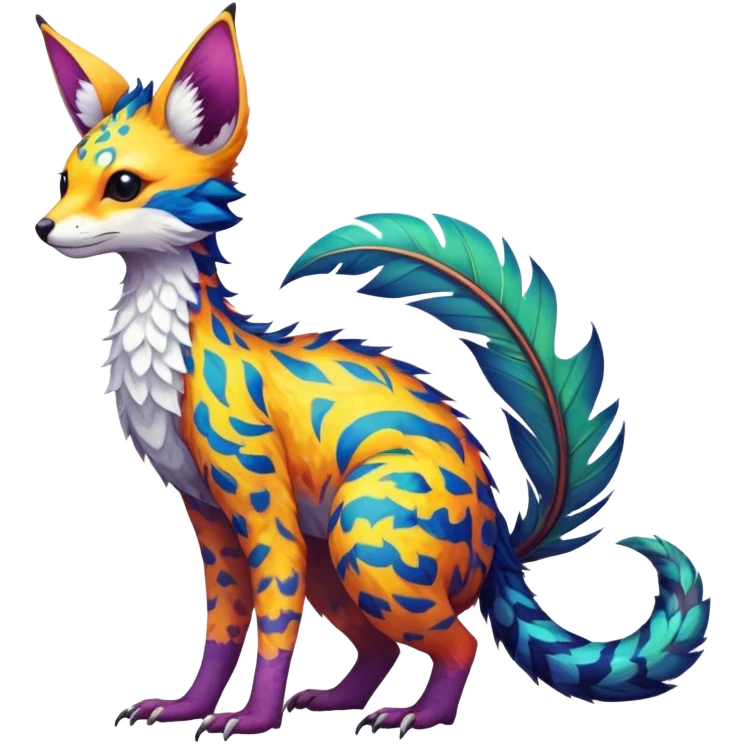 Feral Rare Fantasy vibrant colorful tropical Vernid-Trico-species by LiLaiRa, random markings, tufted tail, tufted ears, full body emoji