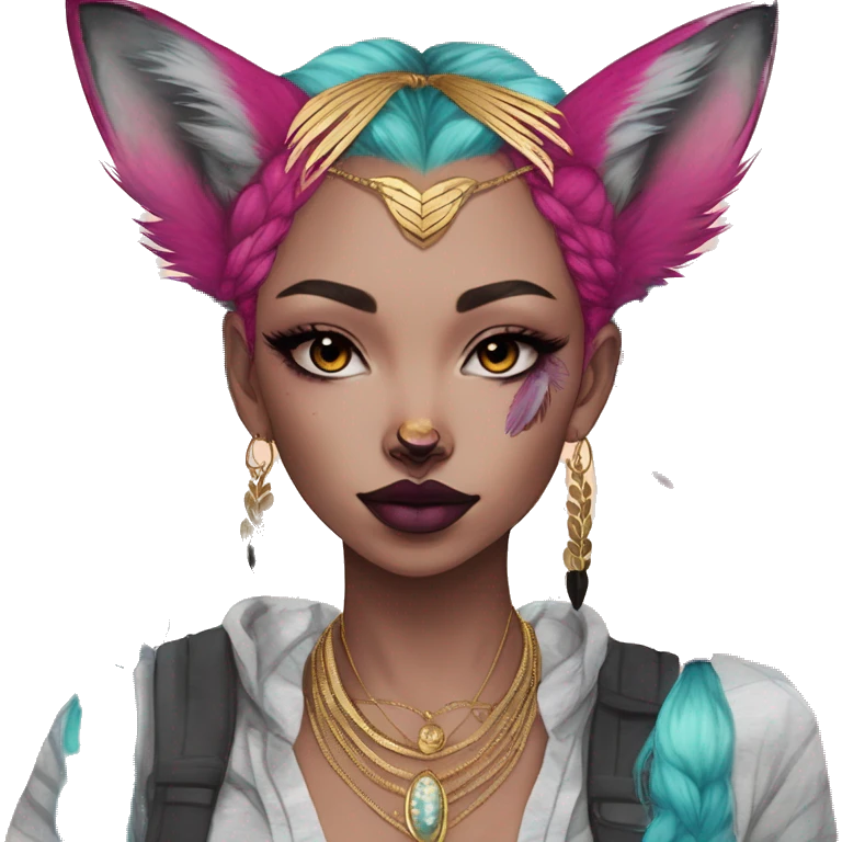 Pink magenta burgundy maroon cyan beige gray fox black stripes wearing gold jewellery gold piercings gold ear piercing gold nose piercing vintage watercolour tie dye black raven wings emoji