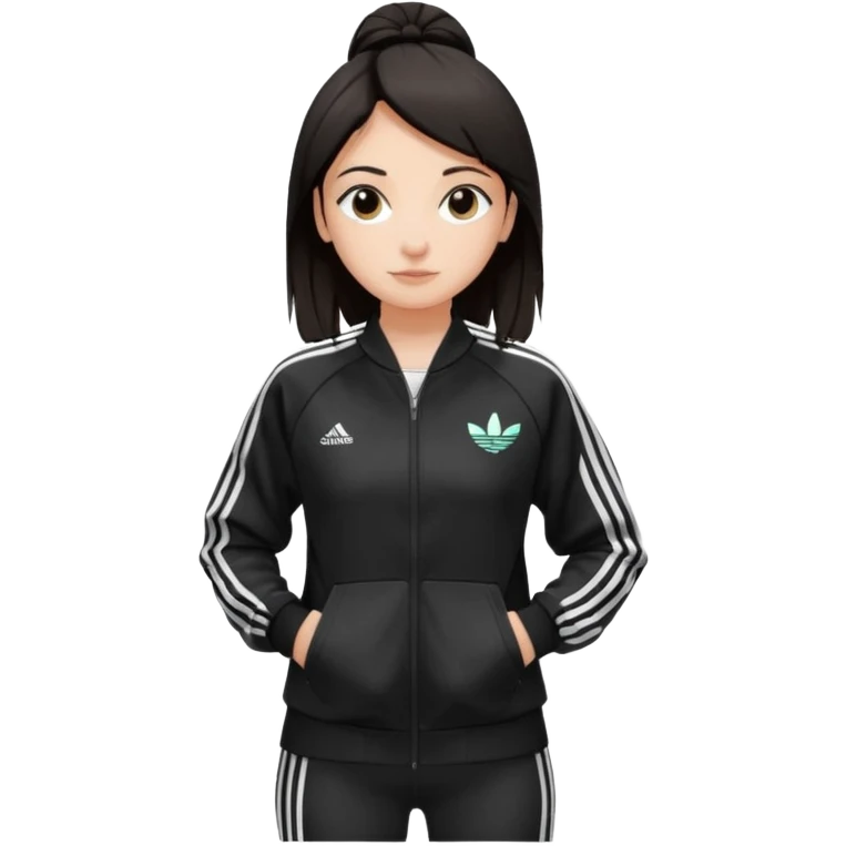 A girl with  medium-length, dark hair, fair skin. The style is a soft, layered cut that falls around her shoulders. wore black Adidas track jacket with white stripes on the sleeves. It has a full zipper down the front, a stand-up collar, and the Adidas logo on the right chest emoji emoji