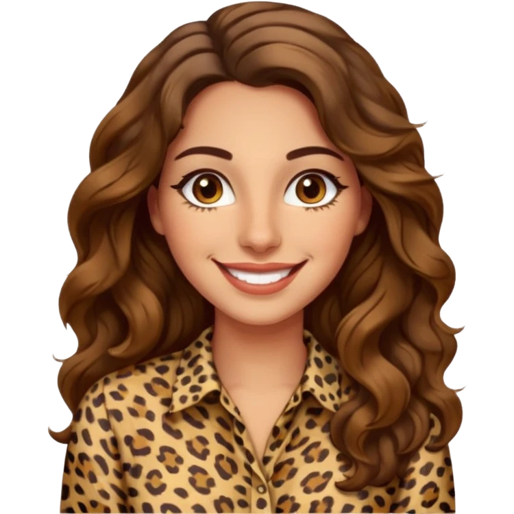 30 yr old italian woman, long brown wavy hair, big brown eyes, huge smile, leapord shirt, no bangs,  emoji